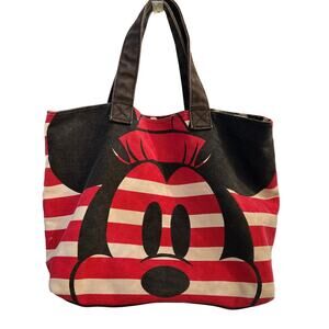 Disney Store Minnie Mouse Canvas Tote Bag Red Striped Polka Dot Lined One Size